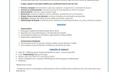 Vaga nova para Analista de Benefícios Jr em Anápolis – GO, exclusiva para PcD