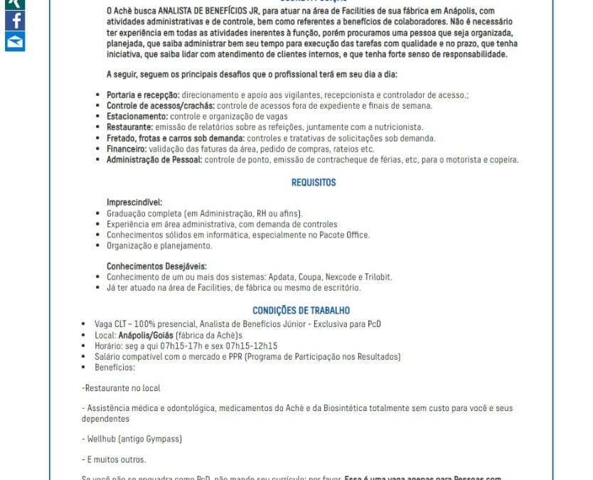 Vaga nova para Analista de Benefícios Jr em Anápolis – GO, exclusiva para PcD