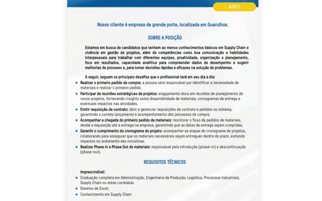 Vaga de Analista de Planejamento de Operações Jr – Exclusivo para PcD
